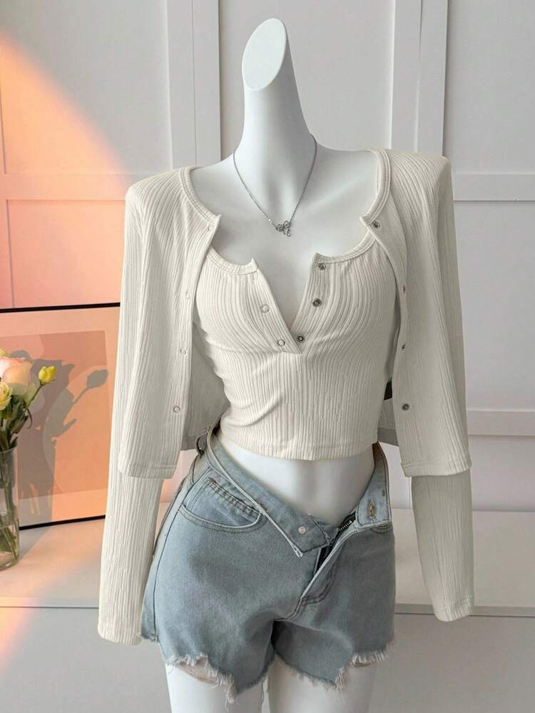 2pcs Women Camisole Cardigan Crop Top Set, Suitable For Autumn & Spring Long Sleeve Top
