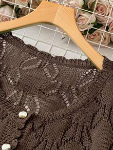 SHEIN LUNE Plus Size Women Solid Color Knitted Round Neck Hollow Out Single-Breasted Short Sleeve Cropped Casual Lightweight Cardigan, Spring/Summer - Brown - View 6