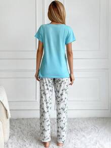 RueChic 2pcs/Set Women'S Flower Rint Pajamas And Coffee Print Top Homewear Pajama Set - Blue - View 2