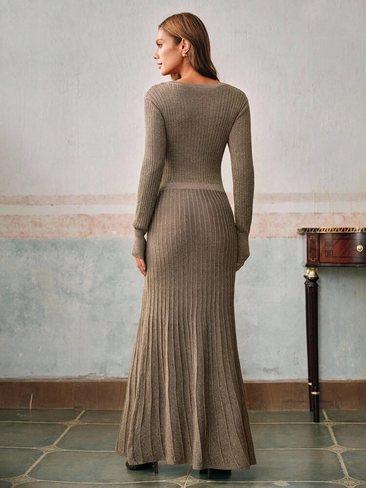 Autumn/Winter Round Neck Sequin Ruffle Waist Ribbed Texture Knit Dress