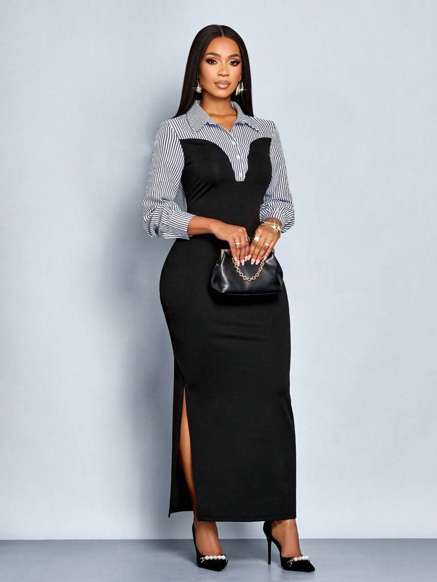 SOLERSUN Damen elegantes, lässiges Farbblock figurbetontes Langarm-Strickkleid mit Kragen, gestreiftes Patchwork-Strickkleid mit 2-in-1-Look, Winterkleidung für Frauen (zufälliges Blumenmuster) - Schwarz - Übersicht 1