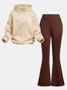 SHEIN ChillGRL 2pcs/Set Teen GirlCity Name 3D Graphic Knit Hoodie + Knit Flare Pants Suit - Multicolor - View 10