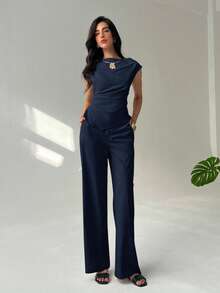 Aloruh 简约通勤办公套装，新款春夏船领短袖收腰女式衬衫+高腰超长阔腿女式长裤，两件套 - 藏蓝色 - 查看 6