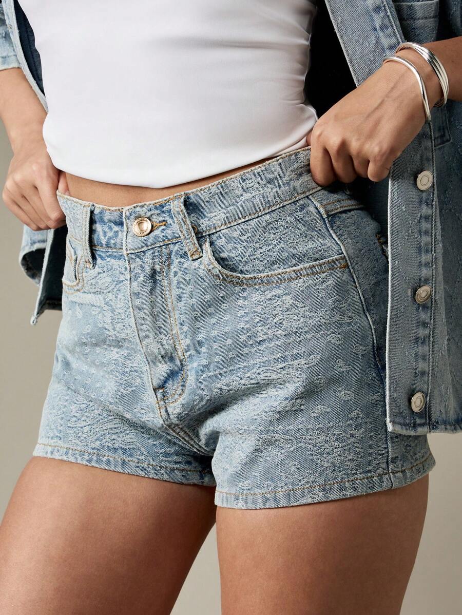 MISSGUIDED Pantalones cortos vaqueros de tiro alto con textura jacquard, moda de verano de festival clásica, pantalones cortos calientes de talle medio, estilo retro vintage, casual