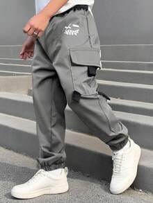 SHEIN Woven Young Boy Cartoon Print Cargo Pocket Casual Pants - Dark Grey - View 2