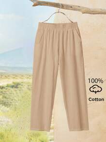 Rusticease Quần dài túi hộp tối giản màu trơn thường ngày dành cho nữ - Màu Khaki - Xem 8