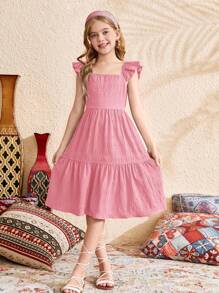 SHEIN Tween Girls' Ruffle Sleeve Bow Back Square Neck Textured Midi Dress - Baby Pink - View 6