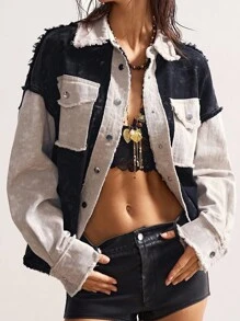 Bohemela Áo khoác dáng rộng cổ bẻ tay dài dệt chắp vá phong cách Boho mùa thu/đông cho nữ - màu đen - Xem 3