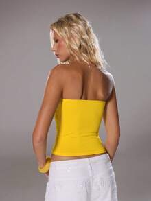 TRNVIE 女士性感细肩带露背弹力腰吊带背心黄色上衣，带花卉串珠装饰，适合夏季度假 - 黃色 - 查看 2