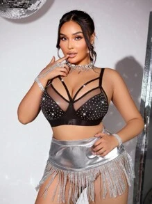 SHEIN 1 pieza Sujetador inalámbrico con decoración de strass coloridos para tallas grandes con espalda descubierta - Negro - Ver 5
