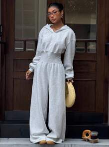 SHEIN EZwear 灰色休闲女式落肩长袖前拉链连帽连体裤 - 灰色 - 查看 6