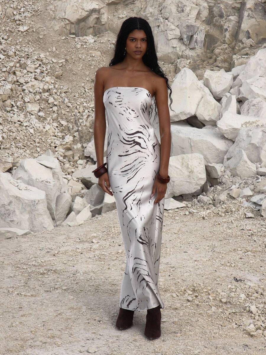 MUSERA 动物纹直筒无肩带缎面长裙，适合夜晚外出、生日等场合，优雅迷人，秋季、春夏、假期、毕业典礼等场合皆宜。 - 彩色 - 查看 1