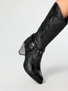 ROMWE Grunge Punk Women's Western Style Embroidered Pointed Toe Mid-Calf Boots - Black - View 4