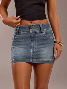 SHEIN Forever 21 女士双排扣腰部设计 High Street Spice 复古洗水蓝牛仔迷你裙 - 藍色 - 查看 1