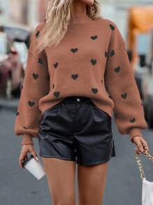 SHEIN LUNE Casual Heart Pattern Drop Shoulder Loose Knit Sweater, Autumn/Winter Fall Cloth For Women - Brown - View 3
