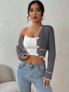 Chiquease 女士优雅单排扣落肩长袖短款针织开衫 - 灰色 - 查看 6