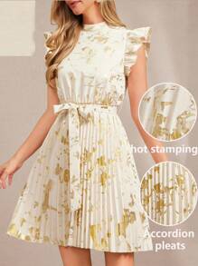 Amorya Women's Elegant Gold Foil Print Pleated Summer Dress