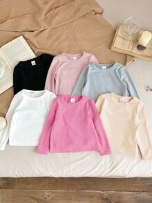 SHEIN LMoss Kids LMoss 年轻女孩休闲基础款纯色针织弹力长袖汗衫上衣多件 6 件套，非常适合秋冬季休闲日常穿着和上学日常，必备百搭，妈妈和女儿搭配，姐妹和我搭配， - 粉色 - 查看 4