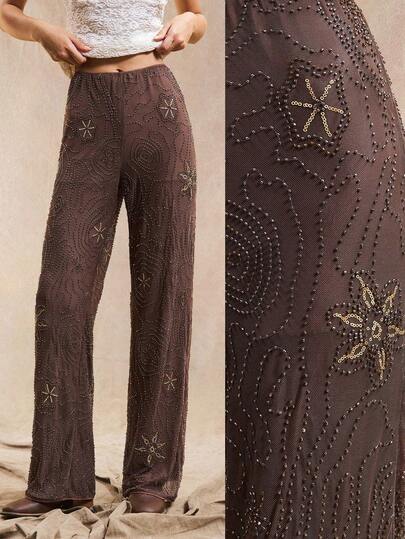 Easelle Pantalones rectos holgados de estilo bohemio con patrón de cuentas en color marrón para mujer, de verano