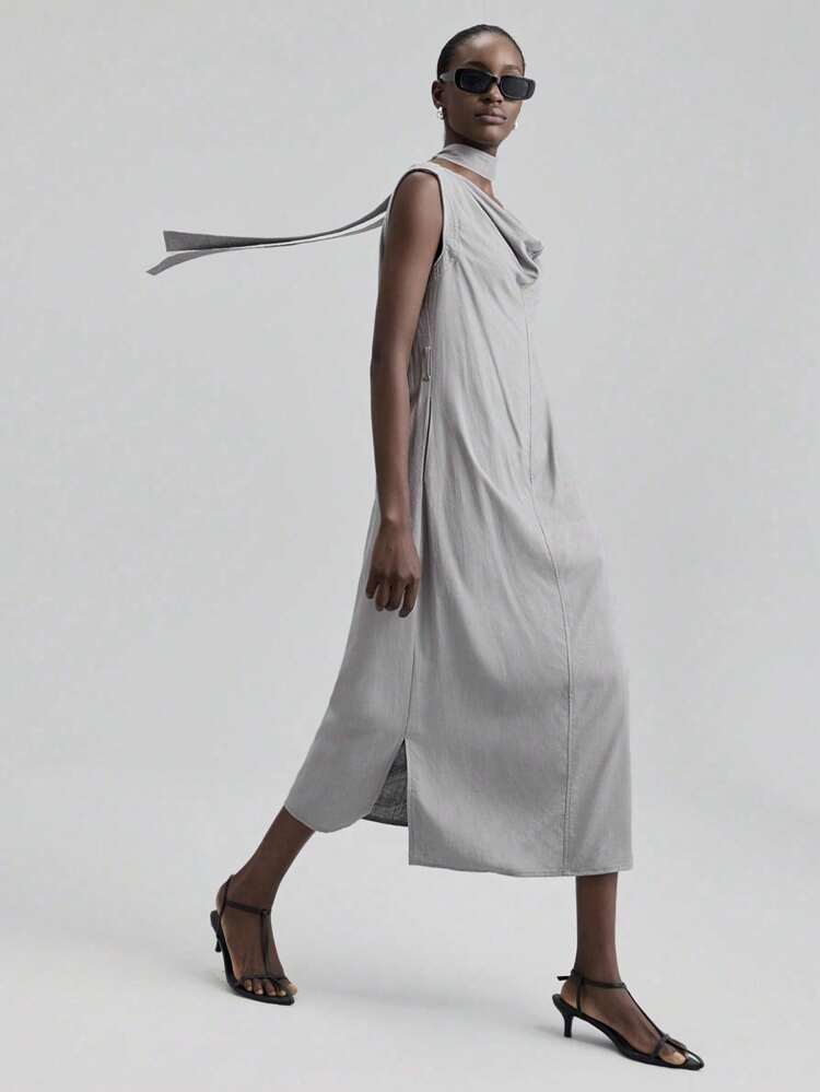 2025 Linen Fabric Autumn/Winter All Season Dress, Fall/Winter Clothing, Back To School, Halloween Outfit, Christmas Attire, Women's Teacher Uniform, Night Out Dress, Business Casual Mid-Length Dress, Scoop Neck Sleeveless Mid-Length Dress With Belt, Women's Dress