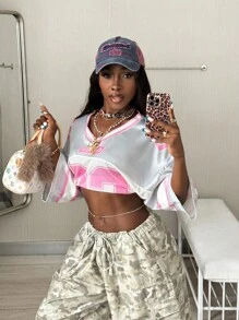 Coolane 青少年女孩春夏 Y2K 外出比赛日街头时尚数字图案大码 T 恤 - 灰色 - 查看 1