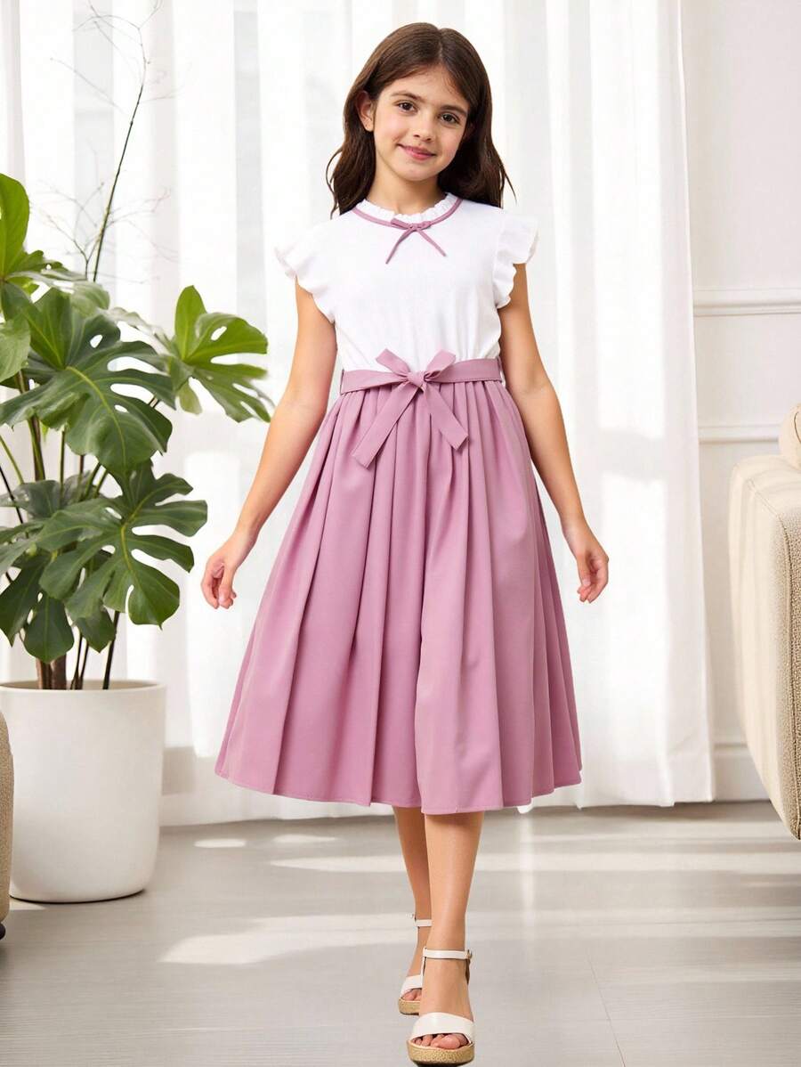 SHEIN 女童优雅腰部褶皱A字裙,粉色和白色拼色,适合宴会 - 白色 - 查看 1