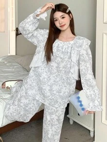 DAZY Conjunto de pijama de mujer con un encantador diseño de dibujo de líneas y dobladillo con volantes, ropa de otoño - Gris - Ver 6