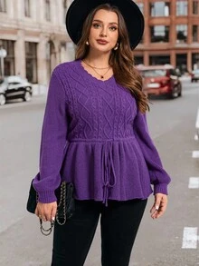SHEIN Clasi Áo len chui đầu cỡ lớn, Áo len chui đầu thanh lịch cho mùa thu/đông, Áo len chui đầu bó eo, Áo len chui đầu tay dài, Áo len chui đầu cổ chữ V, Áo len màu tím, Áo len cỡ lớn, Áo len dệt kim cáp, Quần áo mùa thu - Màu tím - Xem 7