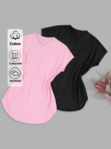 SHEIN Cottnline Bộ 2 váy ngủ tay cánh dơi cổ chữ V thoải mái và thân thiện với làn da, cỡ lớn - Nhiều màu - Xem 1