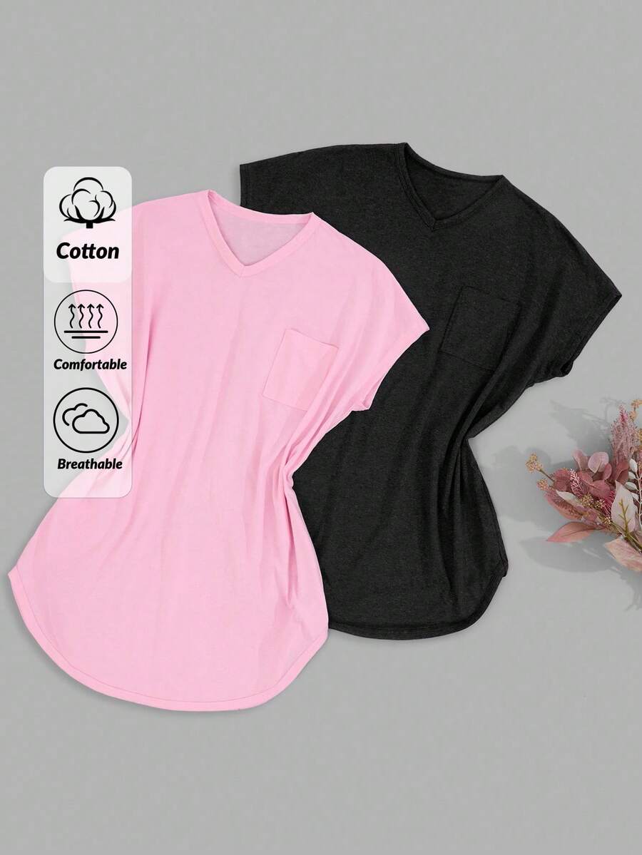 SHEIN Cottnline Bộ 2 váy ngủ tay cánh dơi cổ chữ V thoải mái và thân thiện với làn da, cỡ lớn - Nhiều màu - Xem 1