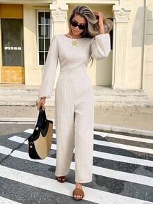 SHEIN Frenchy Women's Elegant Beige Long Sleeve Jumpsuit,Backless Lace-Up Bow Tie-Waist,Casual Autumn Vacation Holiday Outfits,Business Office Commute Minimalist - Apricot - View 8