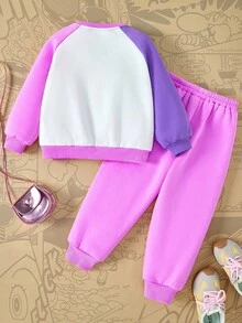 Astro Boy X SHEIN 2pcs/Set Young Girl Cartoon Figure Graphic Contrast Color Patchwork Crew Neck Long Sleeve Sweatshirt And Sweatpants Outfit - Pink - View 2