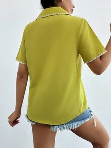 SHEIN Cottnline Embroidery Detailed Collar And Placket Short Sleeve Buttoned Shirt - Lime Green - View 2