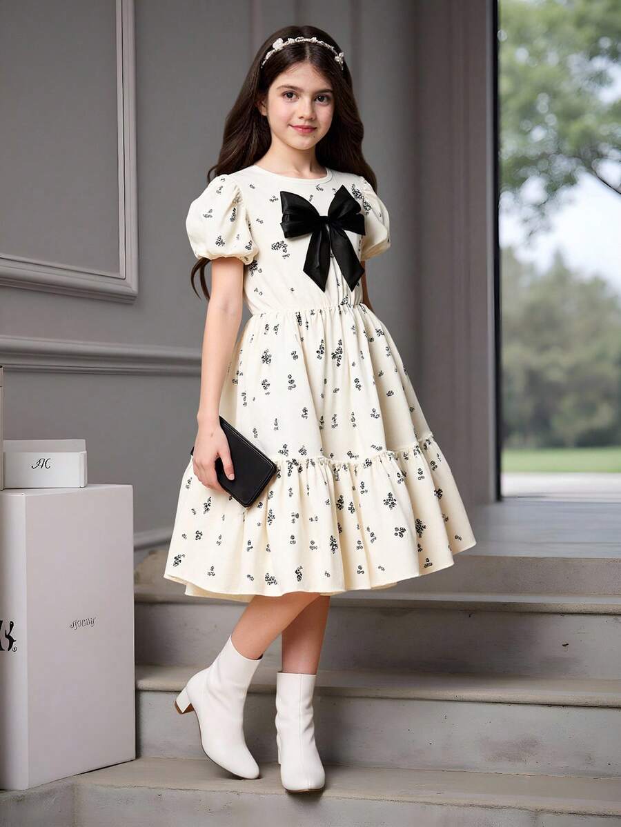 Elegant Vintage Floral Print Pleated Dress With Bowknot For Tween Girls, Loose Fit, Round Neck, Short Sleeve, Mid-Length - Apricot - View 1