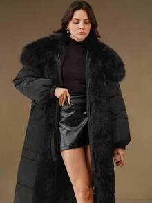 Anewsta 女式秋冬长款可拆卸仿毛领收腰大口袋超时尚厚棉服外套 - 黑色 - 查看 5