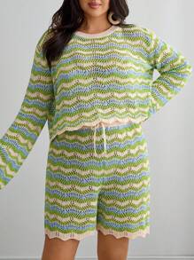 EURMUSE Hollow Out Short & Knit Top Cover Up Set - Multicolor - View 3