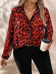 EMERY ROSE Plus Size Fashionable Leopard Print Long Sleeve Shirt Fall Cloth For Women - Red - View 4