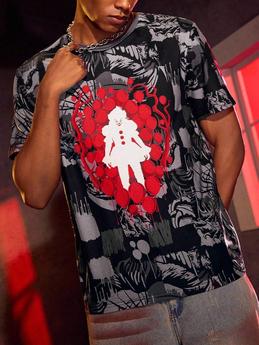 IT x SHEIN 恐怖电影人物图案圆领休闲短袖T恤 - 黑色 - 查看 1