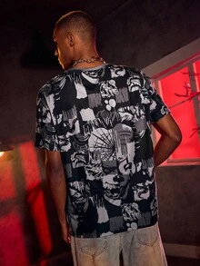 IT x SHEIN 恐怖电影人物图案圆领休闲短袖T恤 - 黑色 - 查看 2