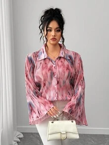 Elenzga Plus Size Women's Tie-Dye Drop Shoulder Long Sleeve Single-Breasted Loose Fashion Shirt