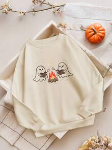 INAWLY Plus Size Halloween Pattern Casual Sweatshirt, Halloween Gift Fall Cloth For Women - Apricot - View 3