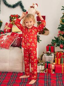 SHEIN Boys' Merry Christmas Pajamas - Gingerbread Man Print Burgundy Long Pants And Long Sleeve Cardigan Comfortable 2 Pieces Sleepwear Set, Family Matching Outfits (4 Sets Sold Separately) Matching Family Pajama Sets Fall Winter