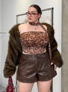 Muchica Plus Size Women Zipper Front PU Leather Loose Fashion Shorts,Summer,Party Date Night Vacation,Night Out Halloween Brown Sexy 90s - Brown - View 5