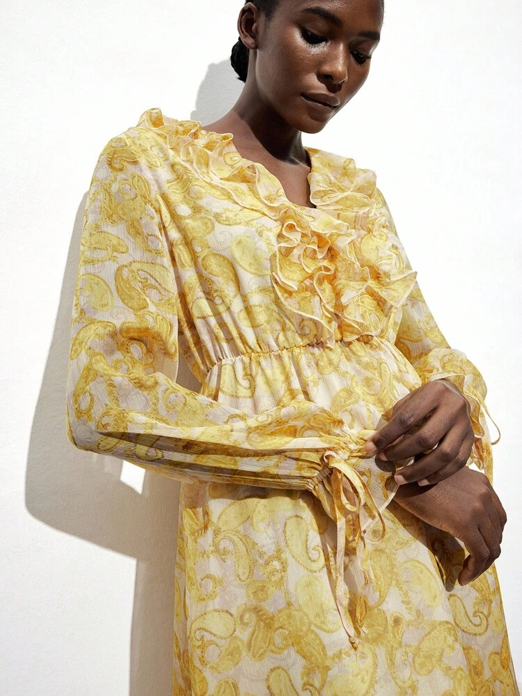SHEIN Maija Women's Paisley Ruffle Hem Long Sleeve Elegant Dress Modern Vacation Nomadic Casual Fashion All-Match Women's Country Concert Clothing Western Style Women's Clothing Nomadic Style Bohemian High-End Elegance All-Match Country Concert Clothing Yellow Paisley Dress Yellow Maxi Dress Yellow Silk Maxi Dress Yellow Ruffle Dress Exotic Atmosphere, Country Concert, Western Style Clothing, High-Grade Fabric, Comfortable And Breathable