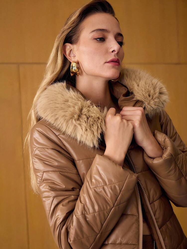CONTRAST FAUX FUR HOODED WINTER COAT