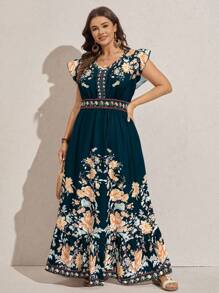 Comfylo 大码女式休闲花卉印花长裙，适合夏季度假穿着 - 綠色 - 查看 6