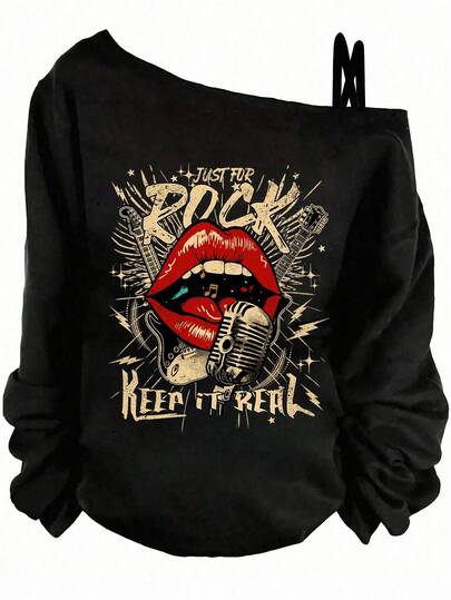 SHEIN LUNE 女士露肩长袖T恤，适合秋冬季节，摇滚风卫衣，露肩设计，哥特风，女士秋季服装，休闲款