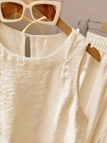 2pcs/Set Women Sleeveless Solid Color Tank Top & Pants Set, Back To School Clothes - Apricot - View 4