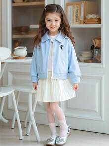 年轻女孩时尚条纹领夹克刺绣设计，适合日常休闲穿着 - 藍色 - 查看 1