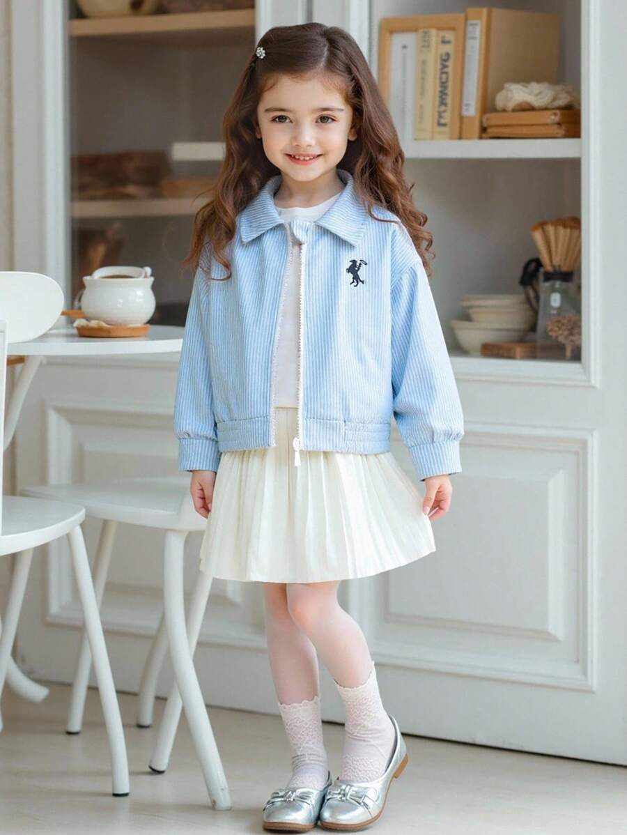 年轻女孩时尚条纹领夹克刺绣设计，适合日常休闲穿着 - 藍色 - 查看 1